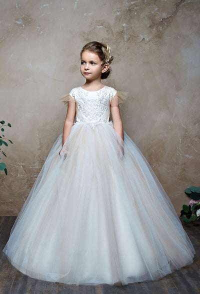 Imagina Flower Girls Tulle Ball Gown with Flutter Sleeves and a Lace Back - Mia Bambina Boutique