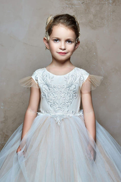 Imagina Flower Girls Tulle Ball Gown with Flutter Sleeves and a Lace Back - Mia Bambina Boutique