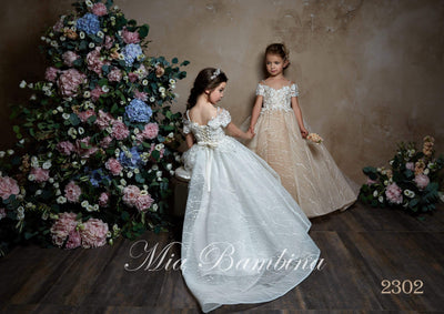 Ivana - Off Shoulder Flower Girl Dress with an Intricate Floral Design - Mia Bambina Boutique