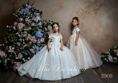 Ivana - Off Shoulder Flower Girl Dress with an Intricate Floral Design - Mia Bambina Boutique