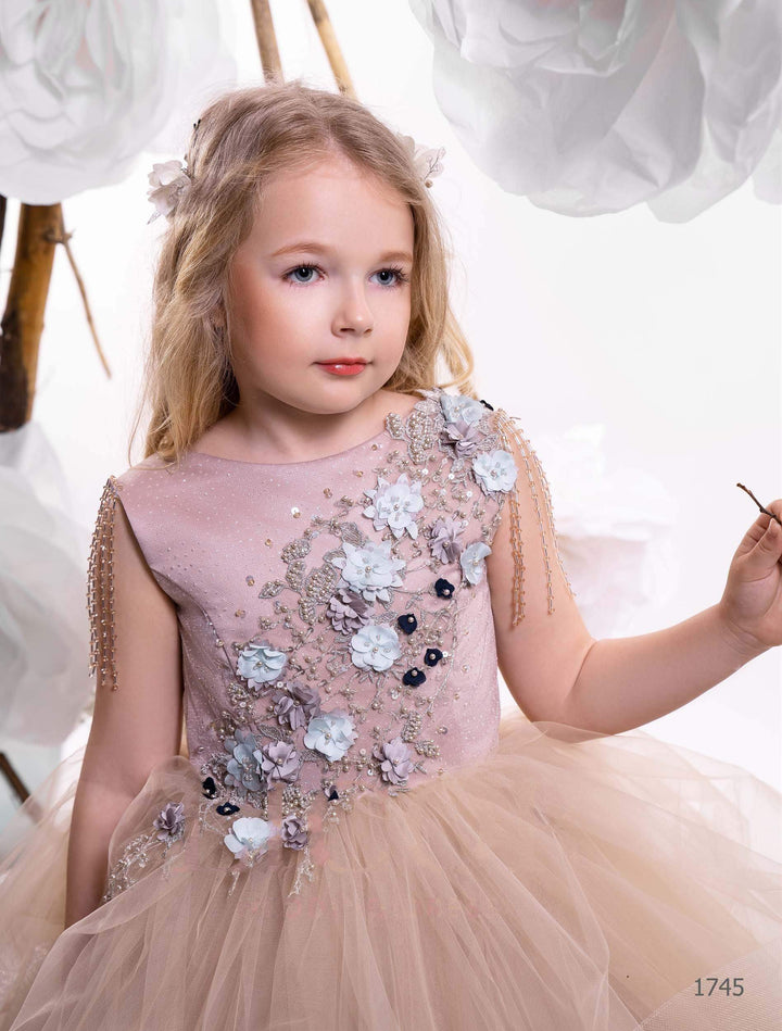 Layered Tulle Junior Bridesmaid Dress Pink Gown with Floral Appliqués