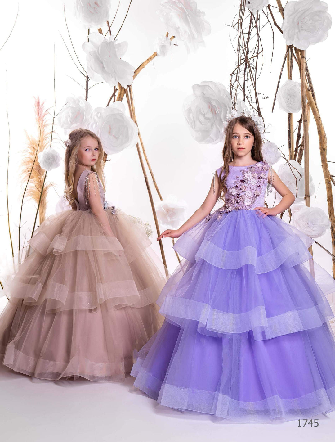 Layered Tulle Junior Bridesmaid Dress – Pink, Lilac & Cappuccino Gown with  Floral Appliqués