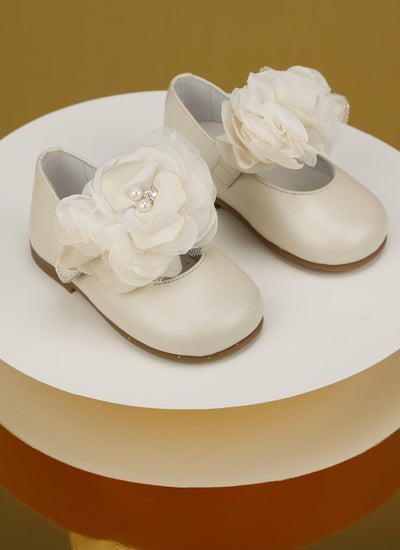 White baby girl Mary Jane shoes with large flower appliqué