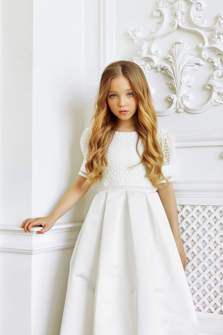 chinese dress ladies French Sleeves Classic Style Dotted Tulle First Communion Dress Celestial 3316 Pre-Order 4 Years / As in The Photo Ivory main image 0
