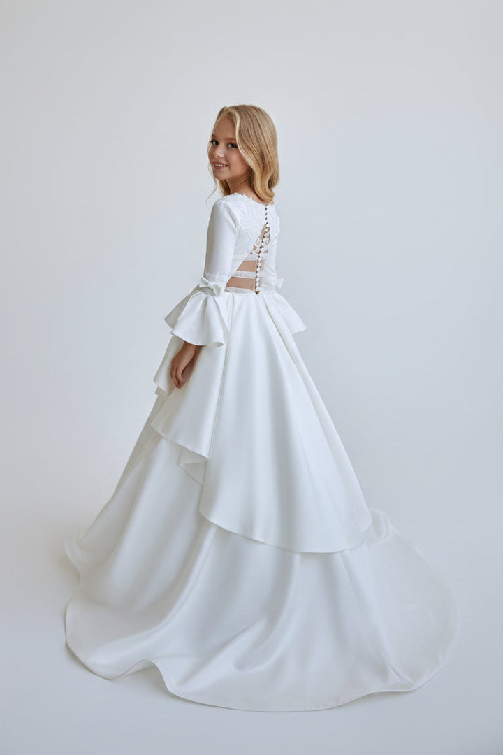 Classic Satin First Communion Dress with Peplum Sleeves – Elegant Long Sleeve Communion Gown for Girls