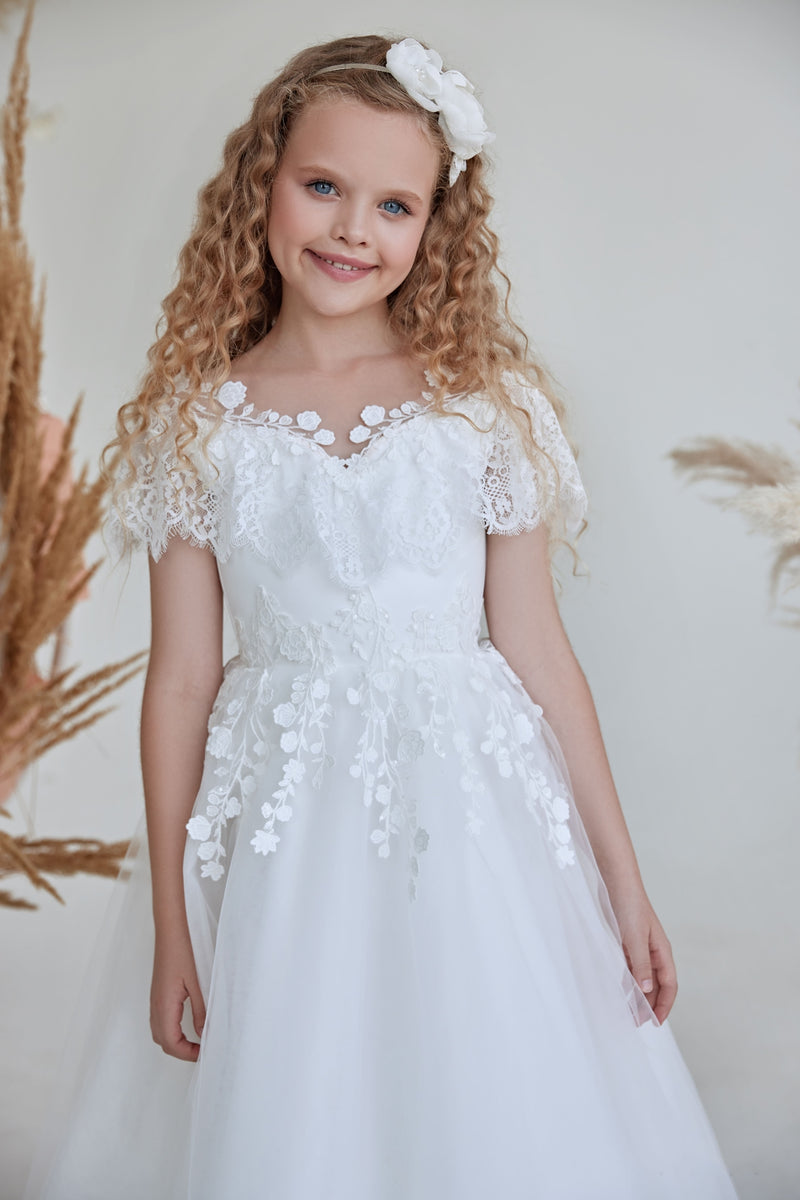 Classic White Communion Dress Lace Ruffle Trim