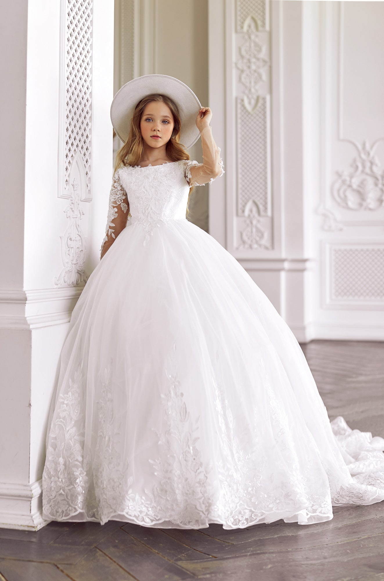 First Communion Dress: Designer Flower Girl Ball Gown in White - Mia Bambina Boutique