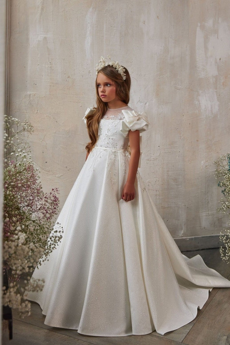 white dress with bows Puff Sleeves Bows Special Occasion White Dress
