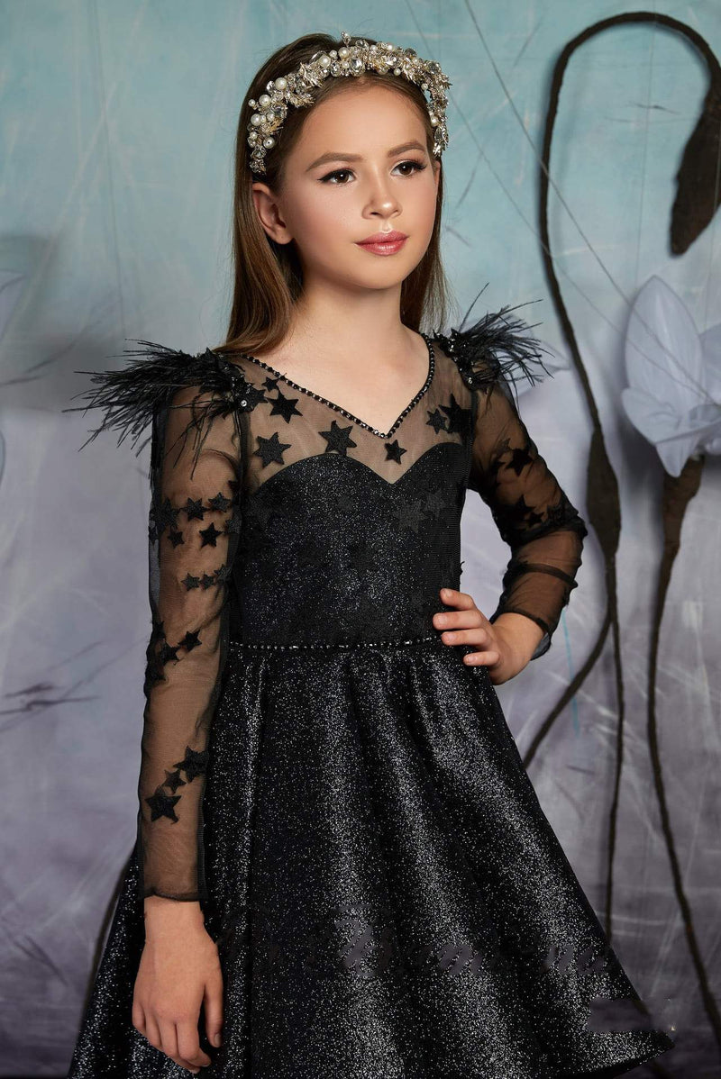 black flower girl dresses long sleeve Vintage Lace Appliqued Black flower girl dress with Long Sleeves for Weddings, Pageants, Communion, and Balls