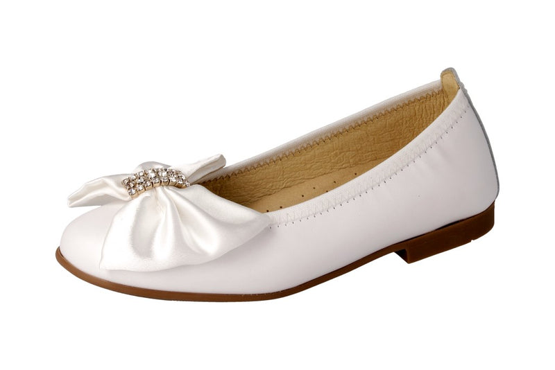 White flower girl ballet flats with satin bow and crystal detail