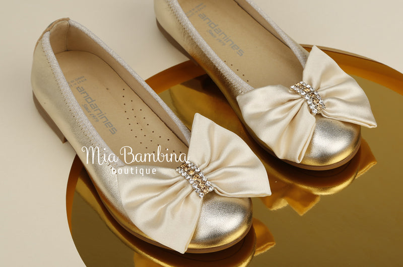Gold flower girl ballet flats with satin bow and crystal detail