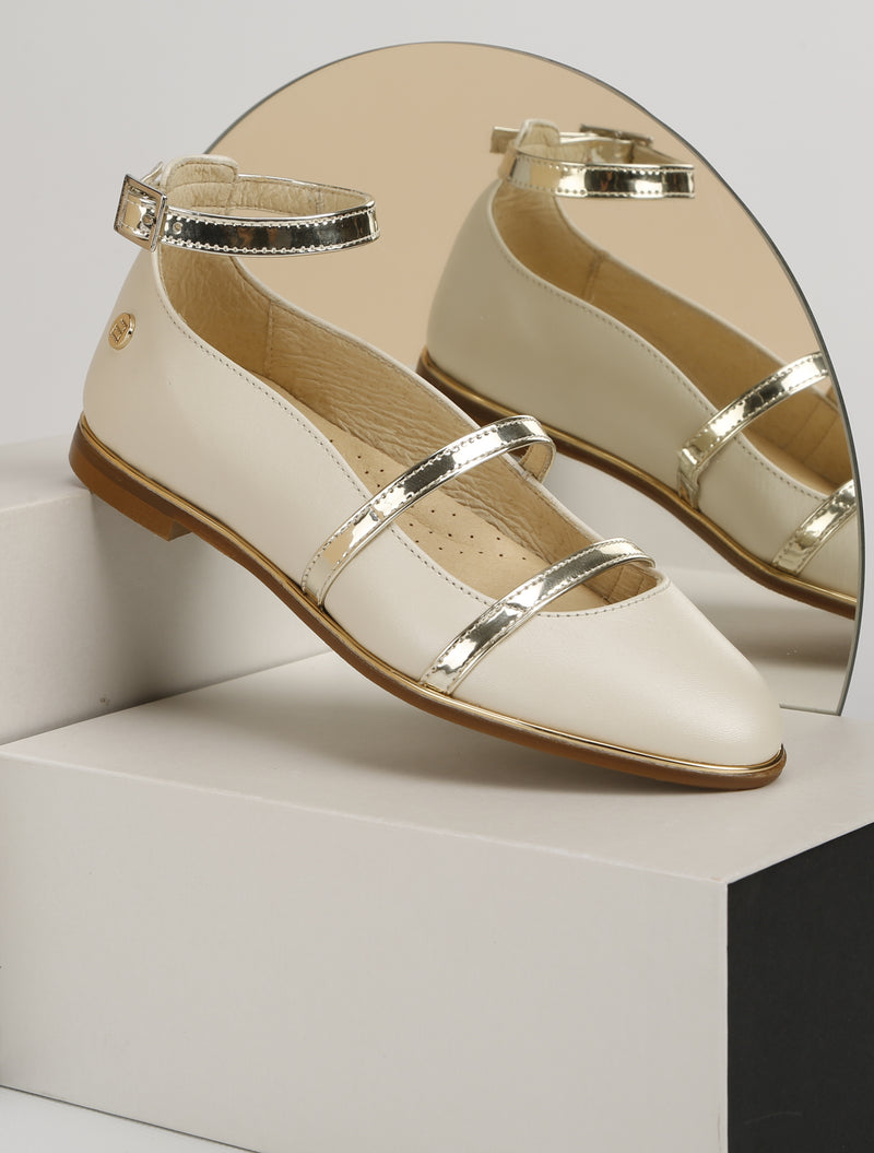 Gold Girls Leather Ballerina Shoes with Ankle Strap by Andanines