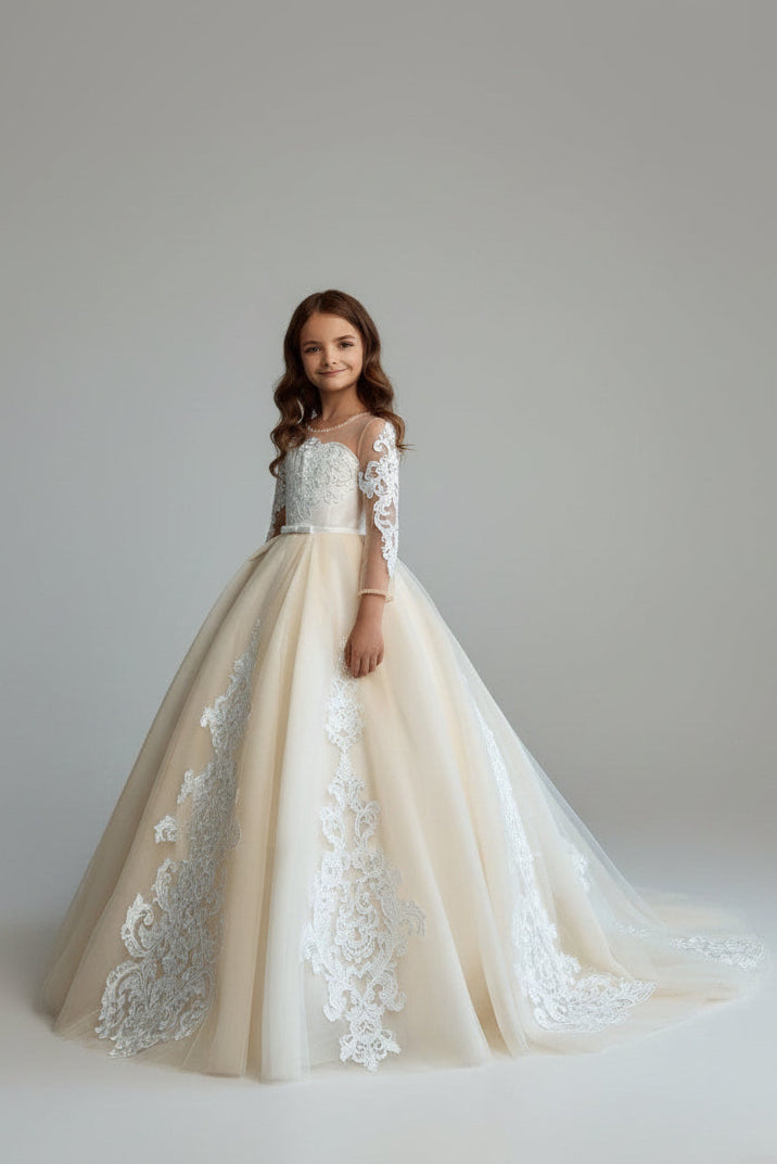 Champagne flower girl dress featuring embroidered lace bodice and princess tulle skirt - Mia Bambina Boutique