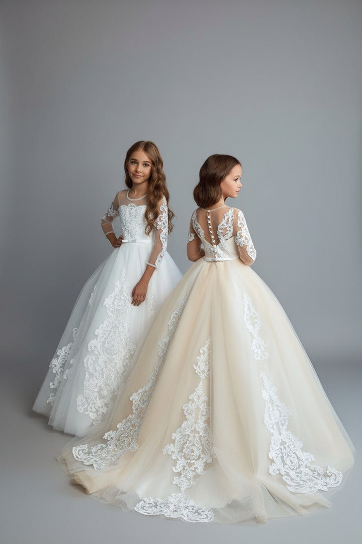 Elegant lace flower girl gowns with illusion backs and dramatic princess silhouettes - Mia Bambina Boutique