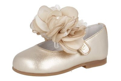 Baby girl gold Mary Jane shoes with large flower appliqué