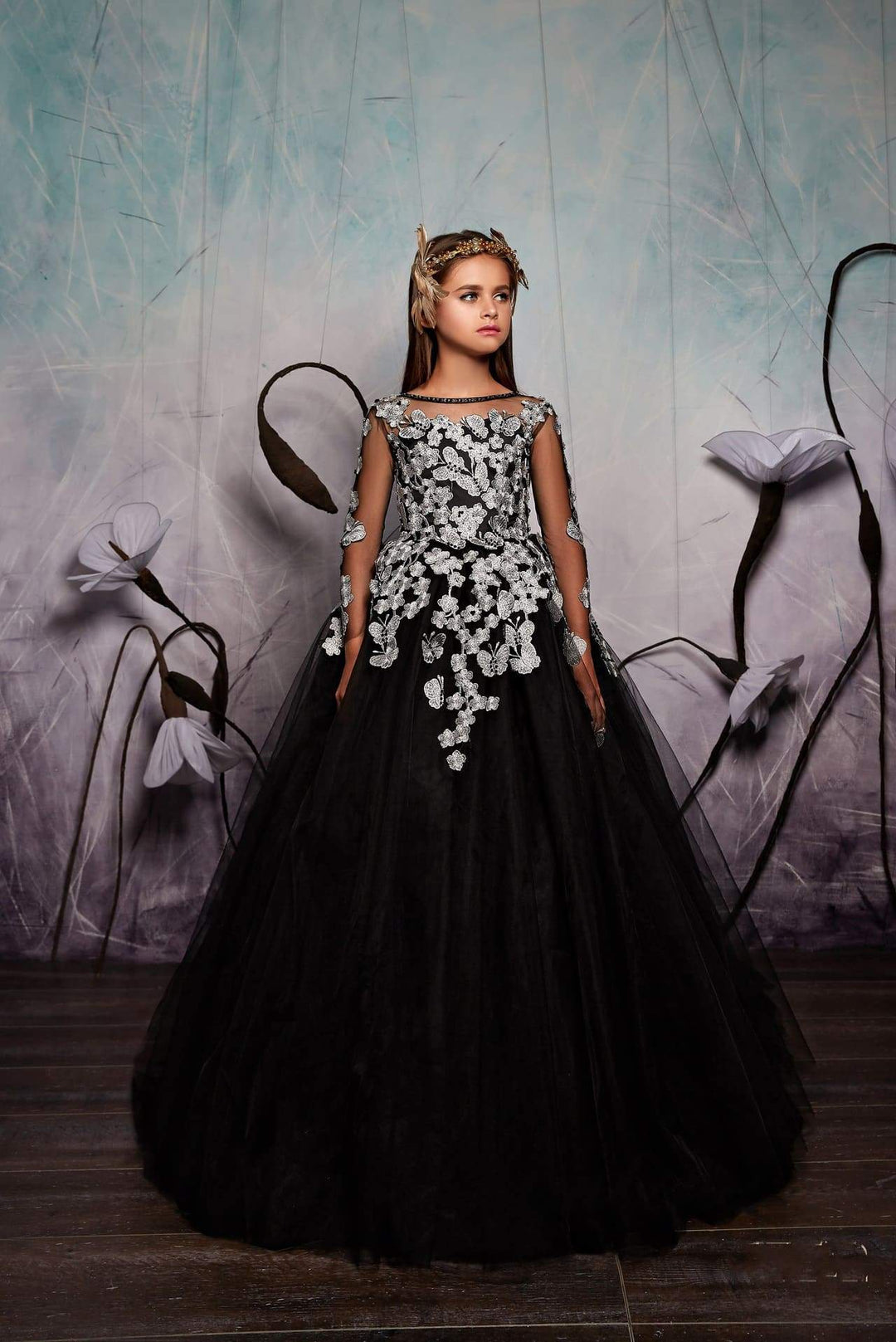 Black Junior Bridesmaid Dress with Gold Lace Black Junior Bridesmaid Dress with Gold Lace