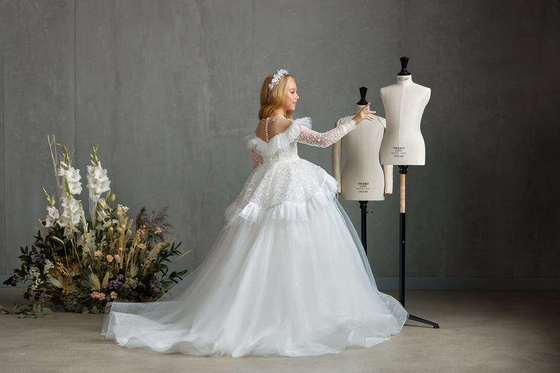 First Communion Dress: Boston Communion Dress with Long sleeves - Mia Bambina Boutique