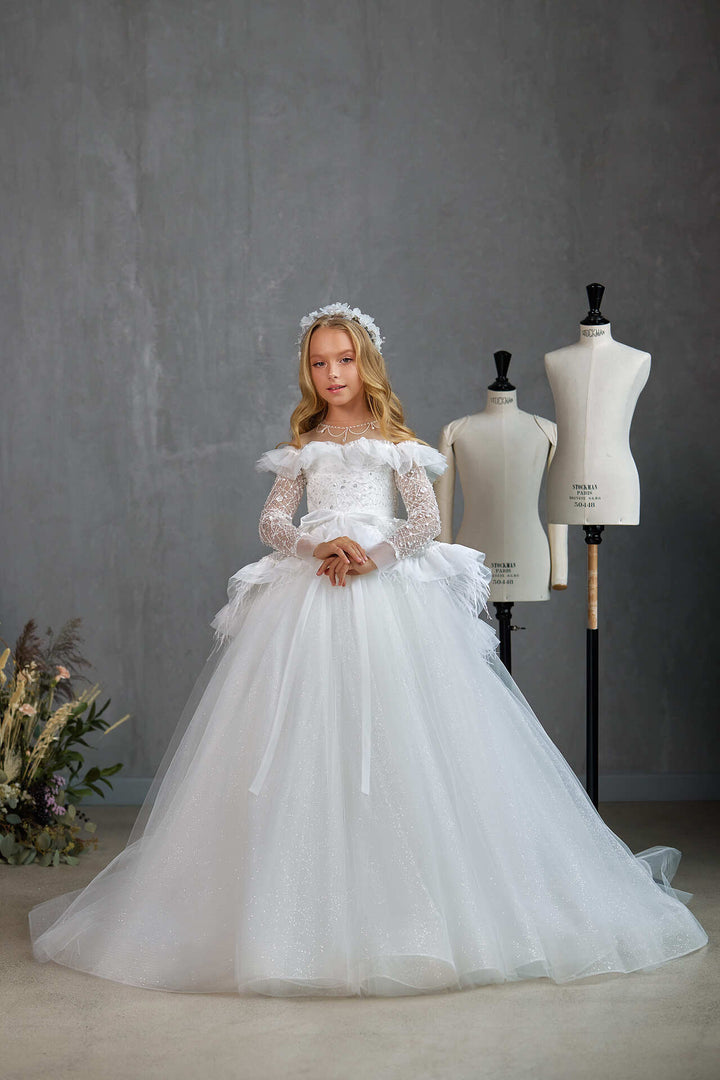 OFF-THE-SHOULDER COMMUNION DRESS WITH PEPLUM
