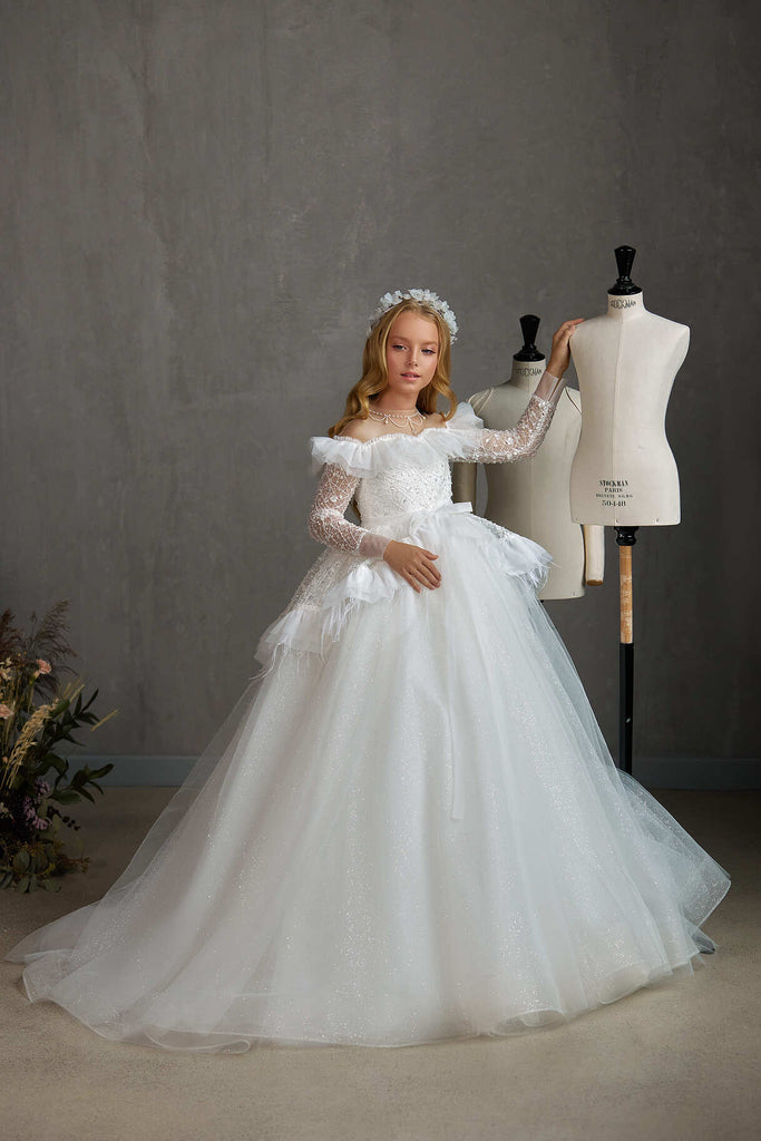 Off-The-Shoulder Communion Dress with Peplum Size 7-8