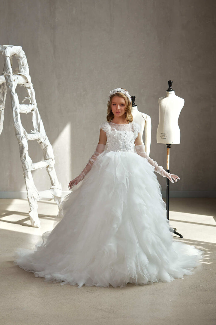 BUCKINGHAM – FLORAL EMBELLISHED COMMUNION DRESS WITH RUFFLED SKIRT by Mia Bambina Boutique Canada