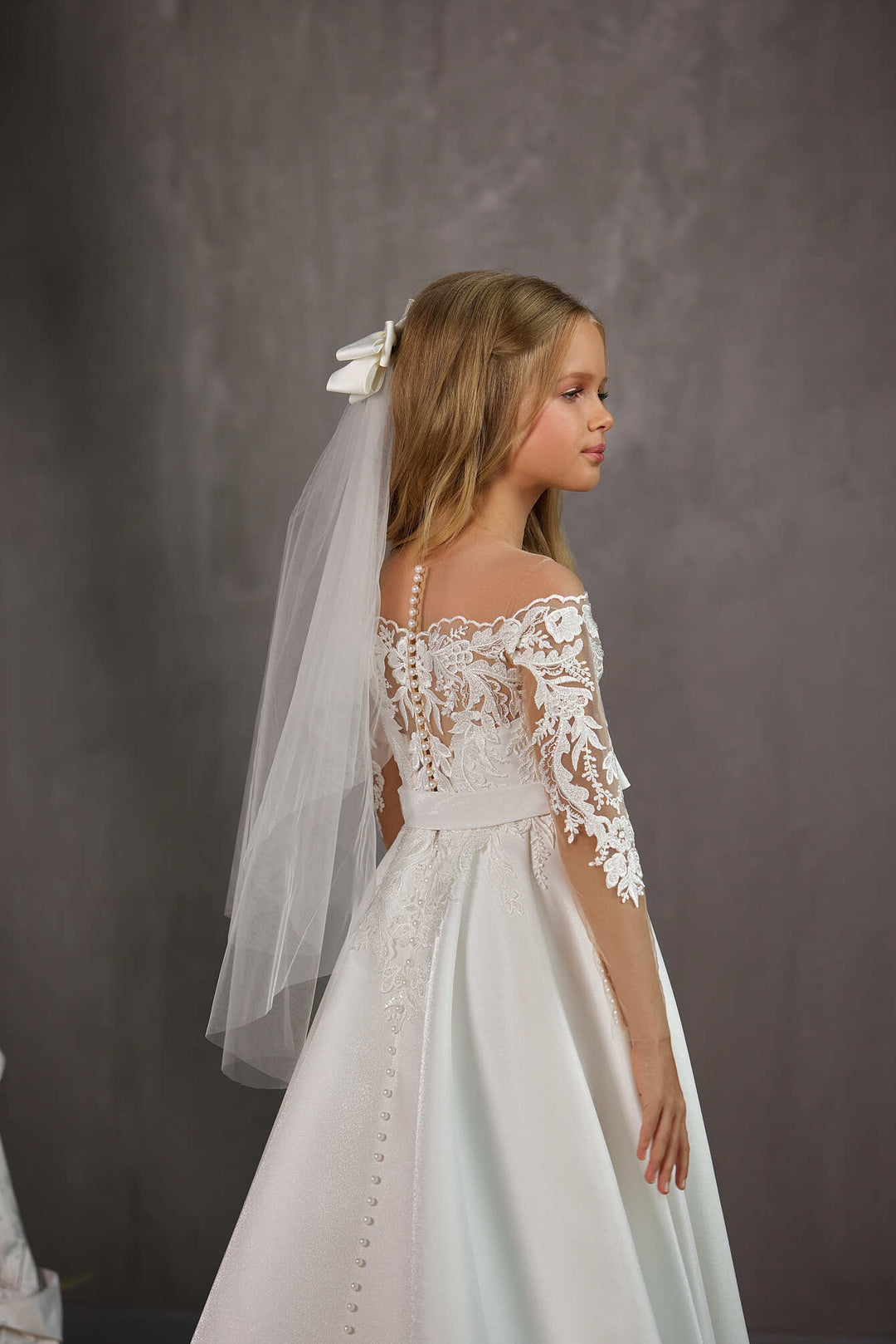 off the shoulder first communion dresses Off-The-Shoulder Communion Dress with Sleeves