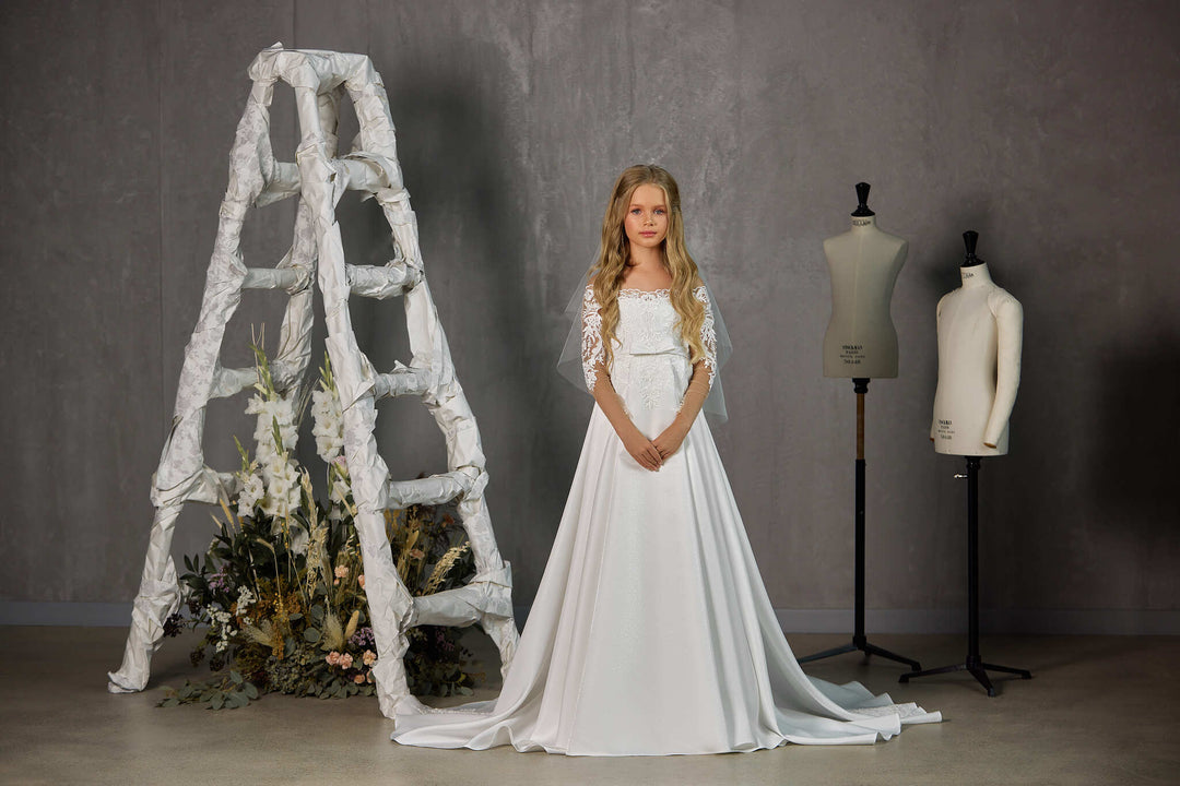 off the shoulder first communion dresses Off-The-Shoulder Communion Dress with Sleeves