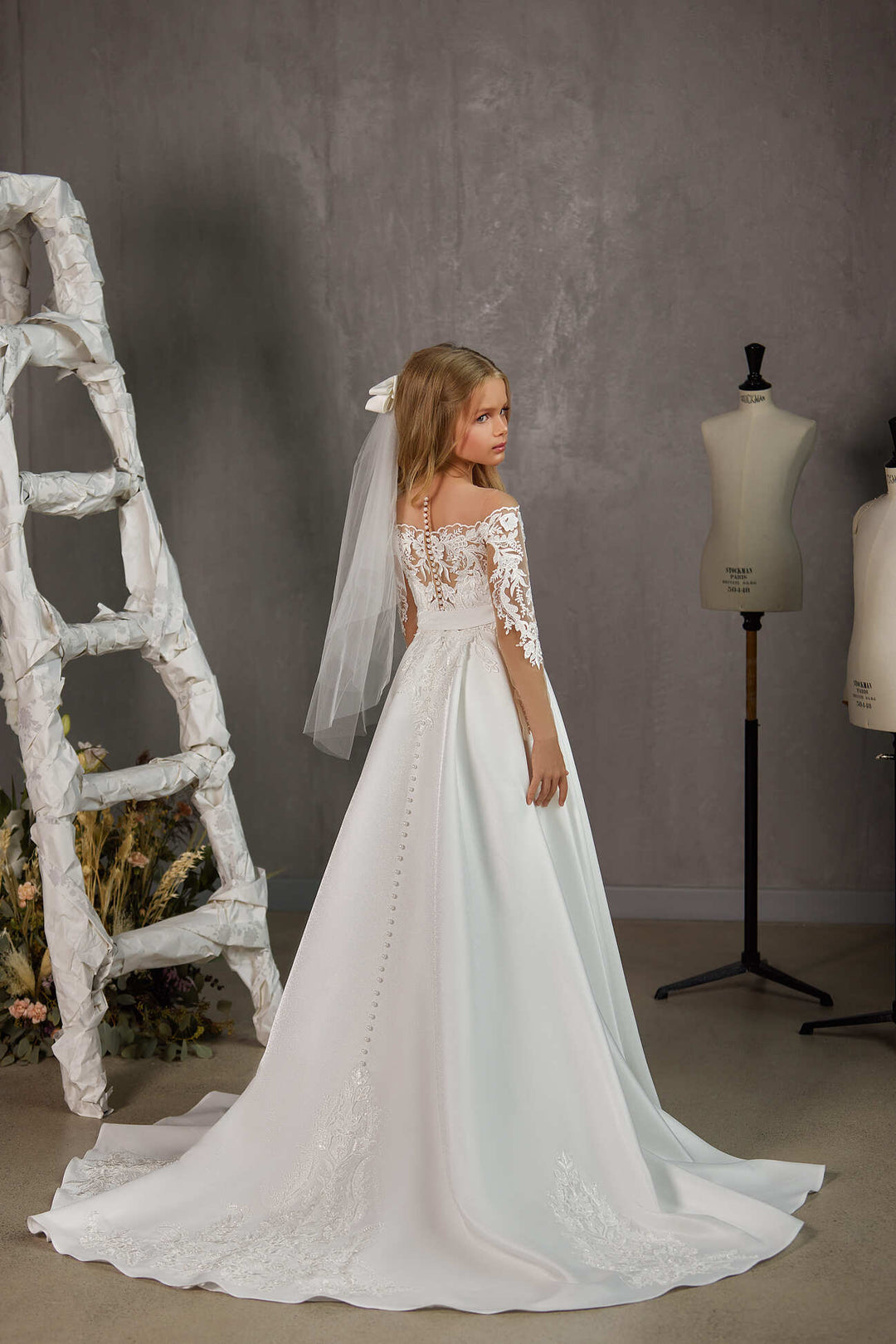Off-The-Shoulder Communion Dress with Sleeves