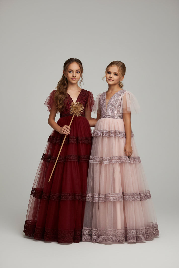 Contemporary Boho-style Burgundy Flower Girl Dress