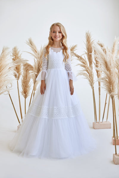 Abaowedding First Communion Dress – Long Sleeve, Lace, White Gown For Girls