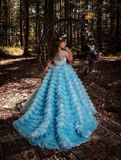 Genoa Long Blue Ruffled Flower Girl Dress - Mia Bambina Boutique