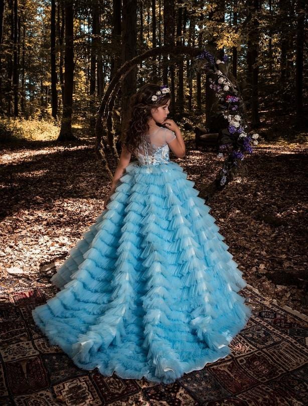Genoa Long Blue Ruffled Flower Girl Dress - Mia Bambina Boutique