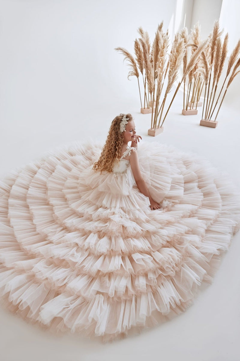 Girl Beaded Strap Cappuccino Ruffle Tulle Dress Girl Beaded Strap Cappuccino Ruffle Tulle Dress