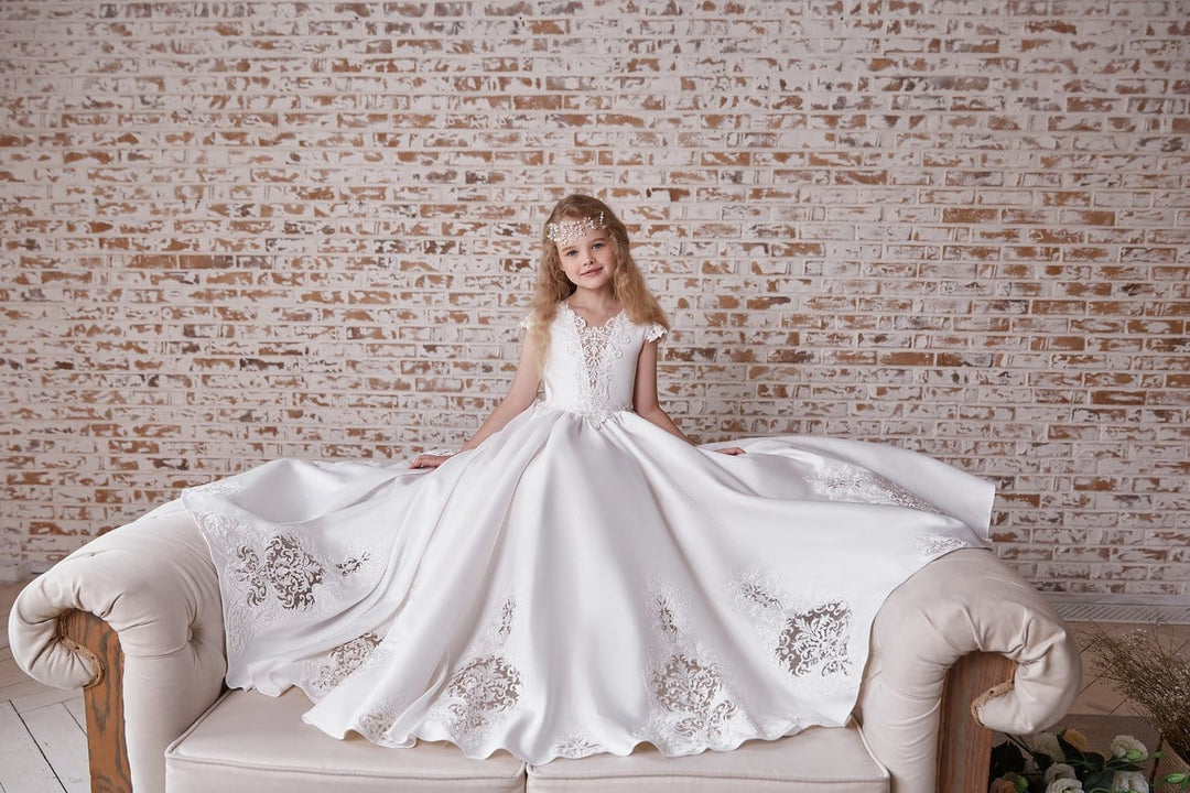Girls Communion White Gown with Lace Motifs Custom Size / White