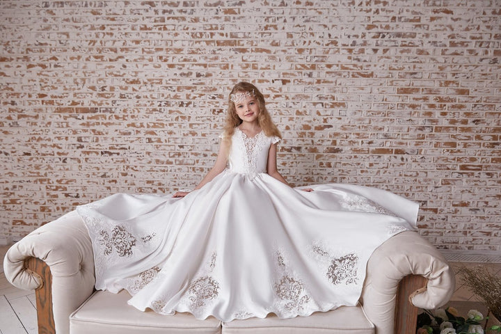 Girls Communion White Gown with Lace Motifs Custom Size / White Girls Communion White Gown with Lace Motifs Custom Size / White