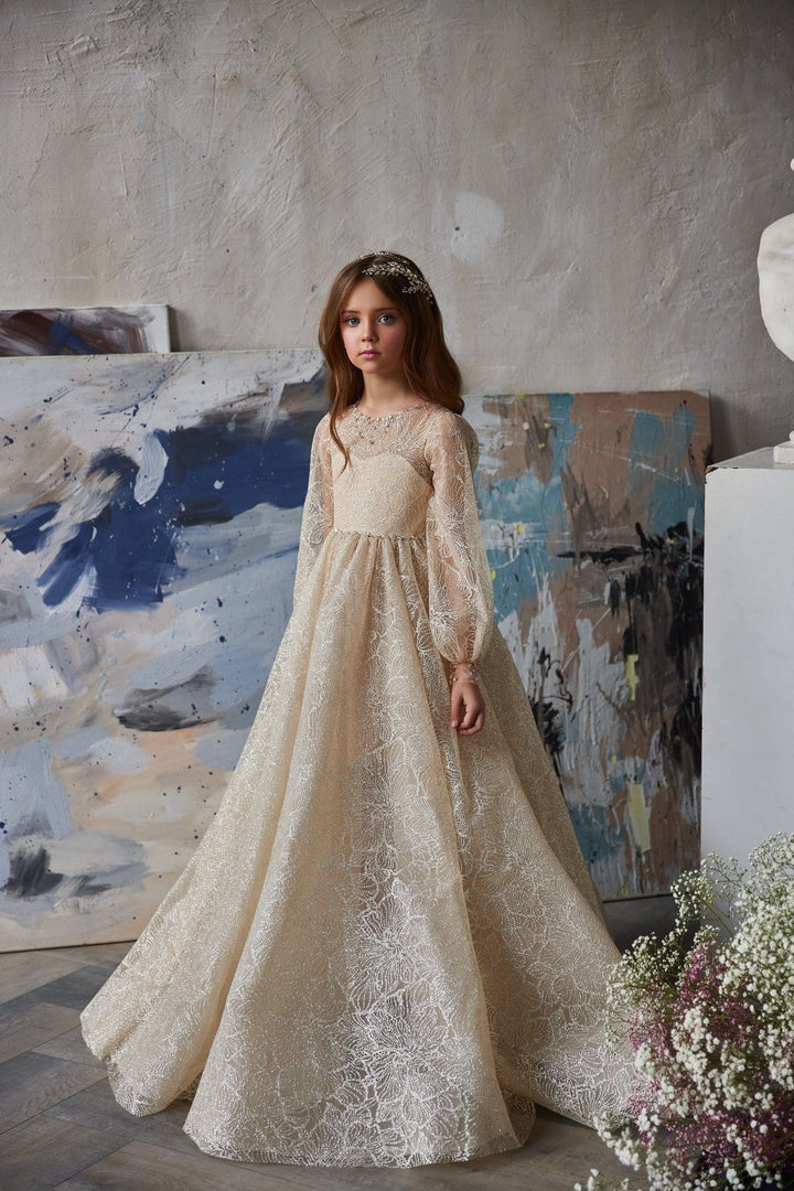 Gold Flower Girl Dress with Long Sleeves by Mia Bambina Boutique