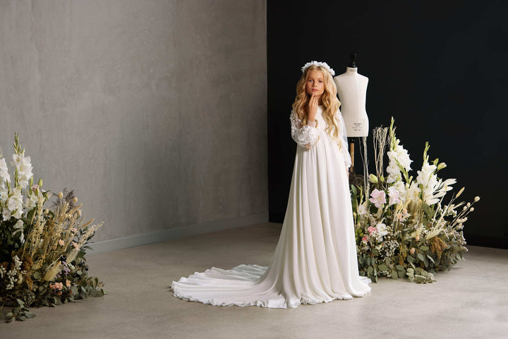 HAMILTON – CHIFFON LONG TRAIN COMMUNION DRESS WITH SHEER FLORAL SLEEVES