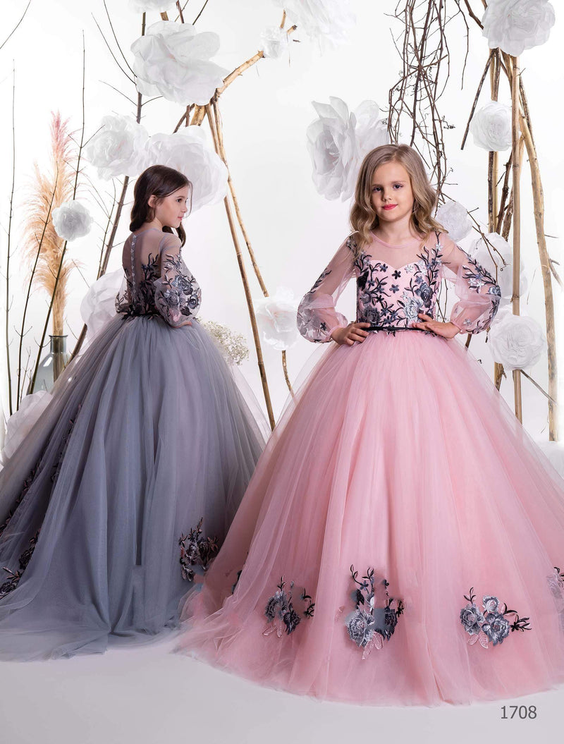 Junior Bridesmaid Dress Long Tulle Gown with Floral Embroidery Pre-order 5T-6 / Gray Junior Bridesmaid Dress Long Tulle Gown with Floral Embroidery Pre-order 5T-6 / Gray