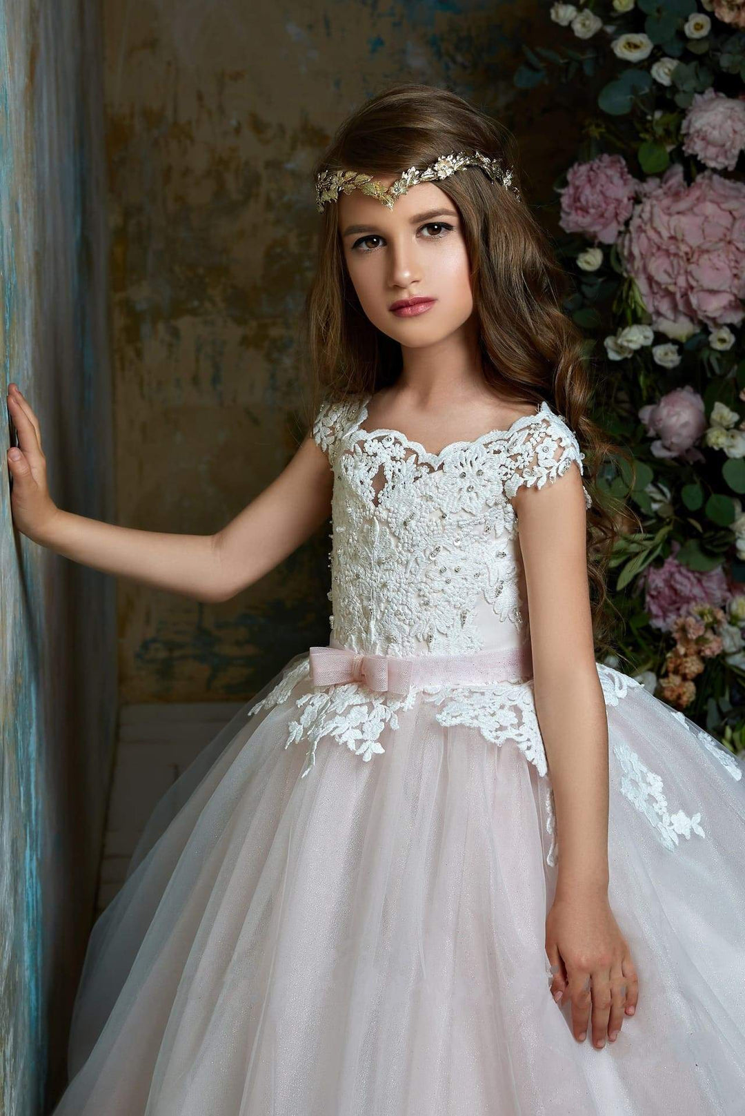 lace and tulle flower girl dress Azazie Celia