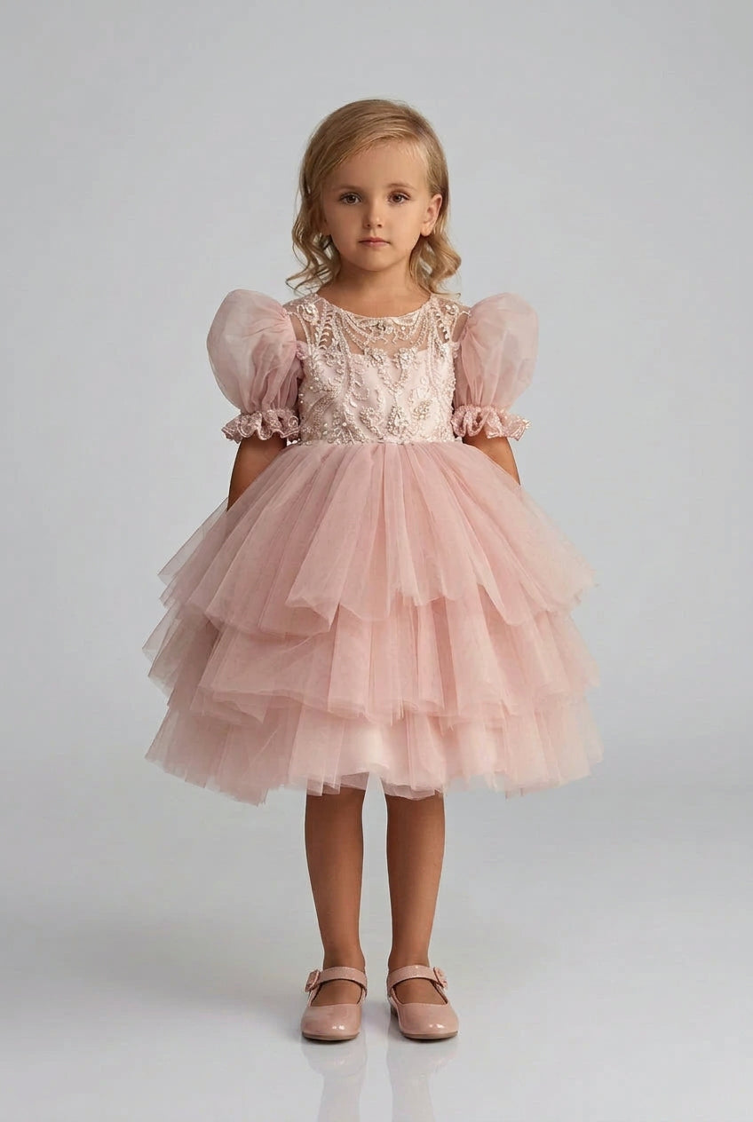 Lavino blush pink flower girl dress with lace bodice and beaded neckline, front view - Mia Bambina Boutique