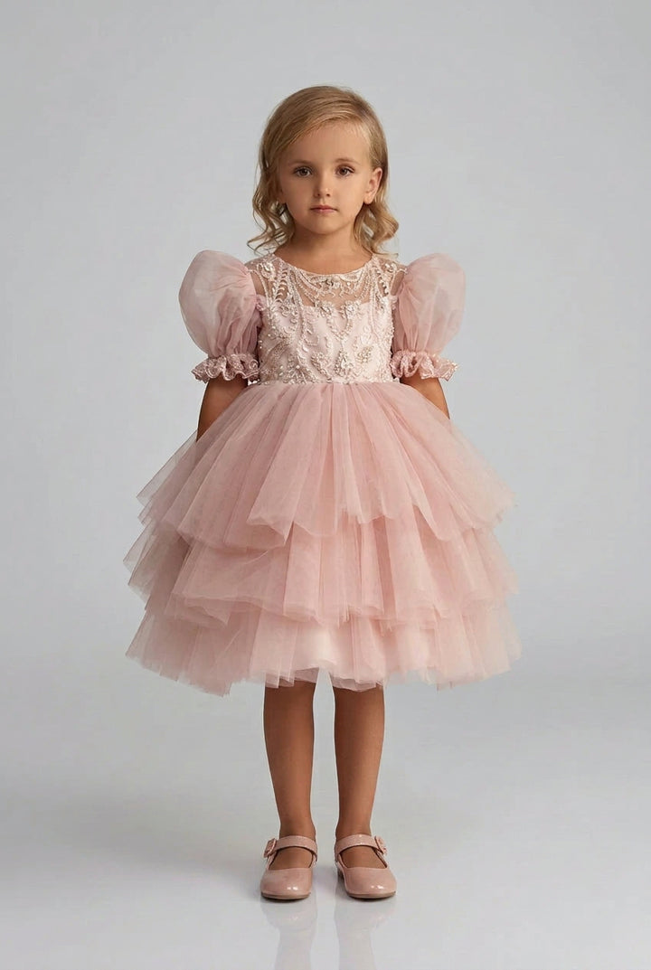 Lavino blush pink flower girl dress with lace bodice and beaded neckline, front view - Mia Bambina Boutique