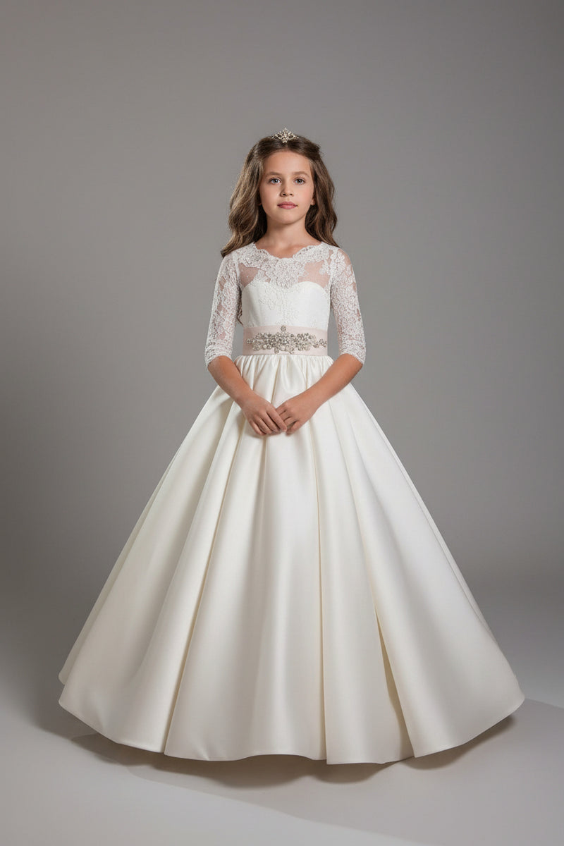 Lexington Luxury First Communion Dress – Elegant Satin Communion Gown with Lace Sleeves Pre-order 9-10 / Ivory