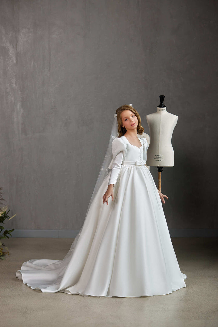 CLASSIC SATIN COMMUNION DRESS WITH A BOW Preorder 7-8 / Ivory