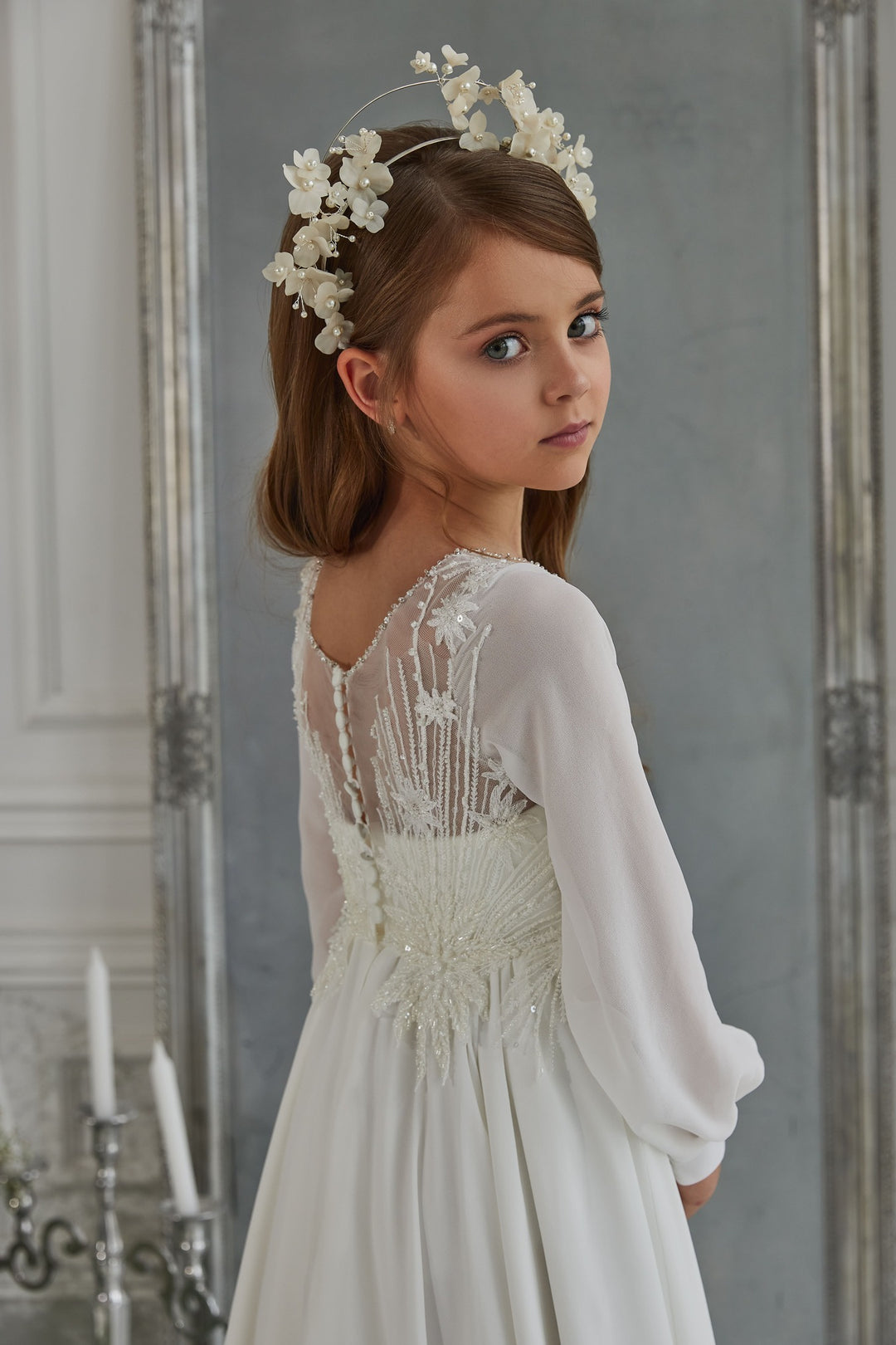 long sleeve communion dress Modest First Communion Dress with Long Bishop Sleeves
