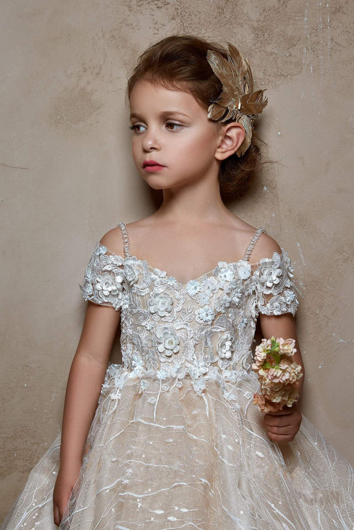 Off Shoulder Flower Girl Dress w/Floral Design Pre-order Size 7-8 / Cappuccino