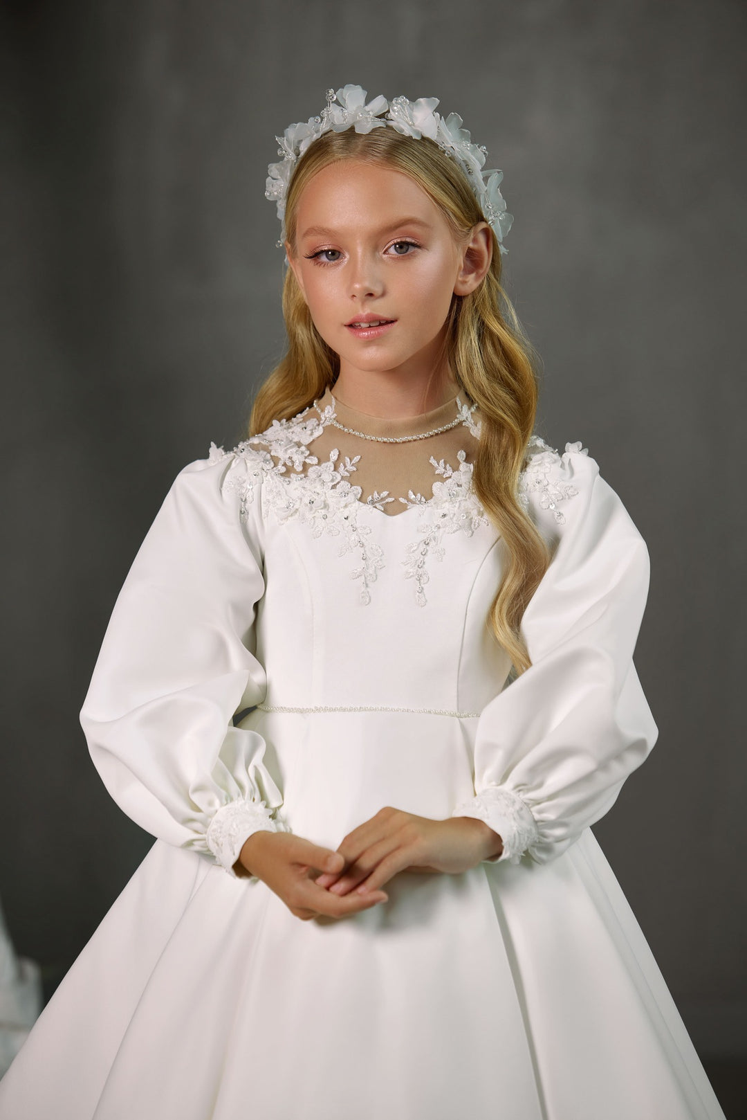ottawa – classic communion dress with puff sleeve and lace trim