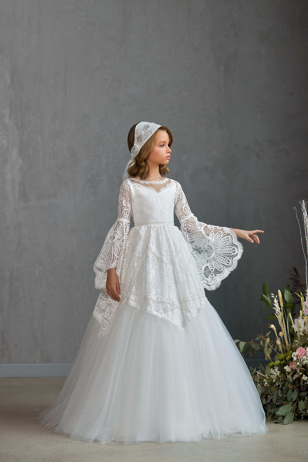 INTRICATE LACE COMMUNION GOWN WITH BELL SLEEVES
