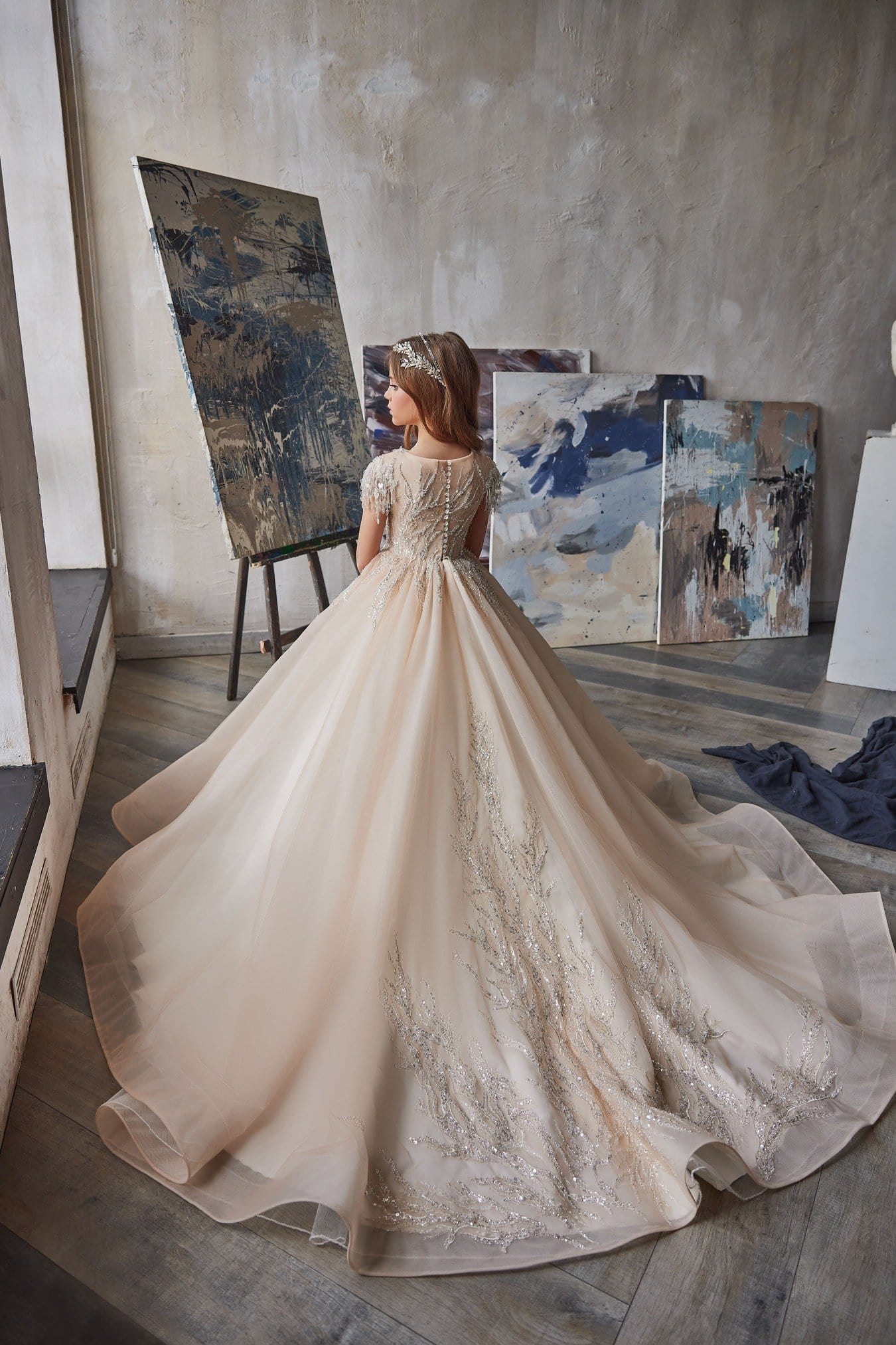 Princess Flower Girl Dress in Beige Color by Mia Bambina Boutique Canada