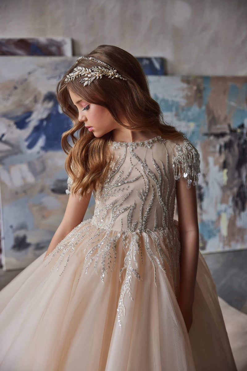 Princess Flower Girl Dress in Beige Color by Mia Bambina Boutique Canada