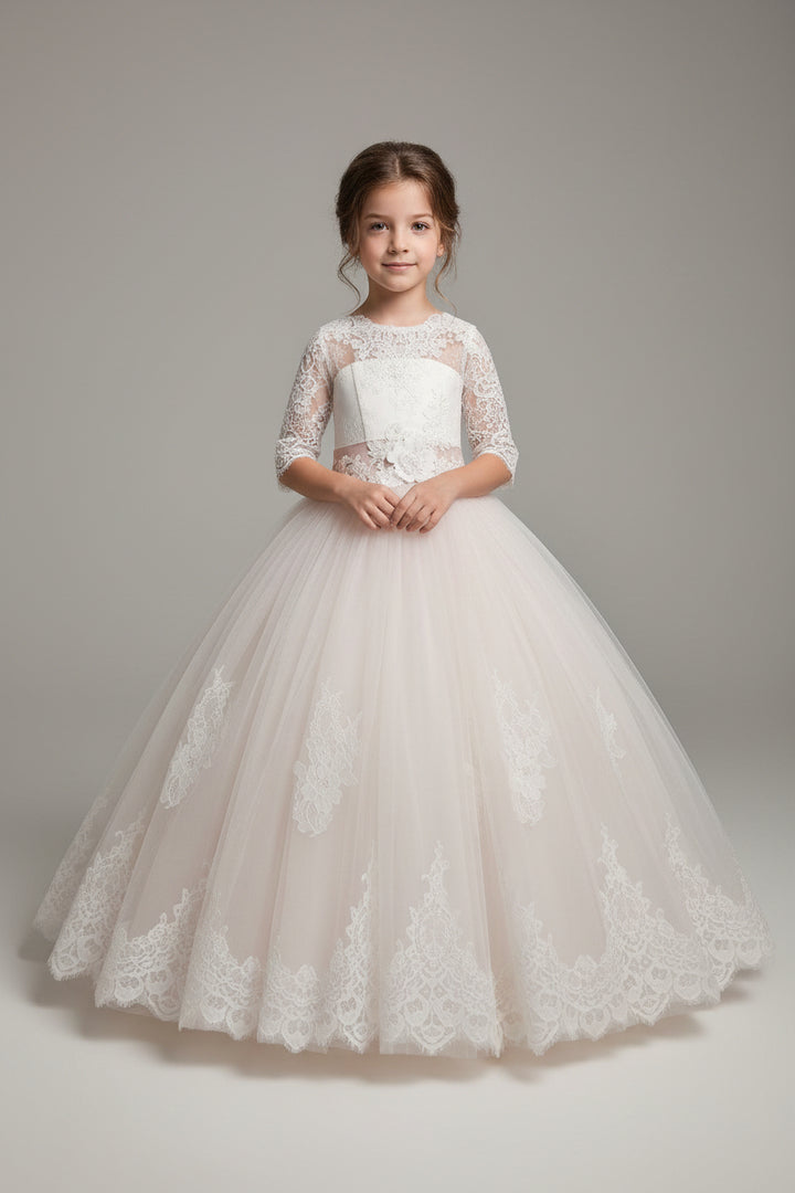 Luxury blush and ivory First Communion gown with lace bodice and full tulle skirt - Mia Bambina Boutique