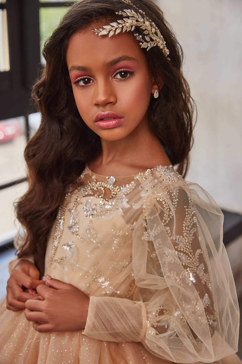 Puffed Sleeve Sparkly Princess Dress for Junior Bridesmaids - Mia Bambina Boutique